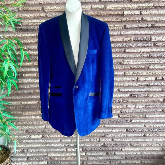 Tazio Italy Blue Textured Velvet Black Shawl Collar Formal Blazer Size 46L - Picture 3 of 11